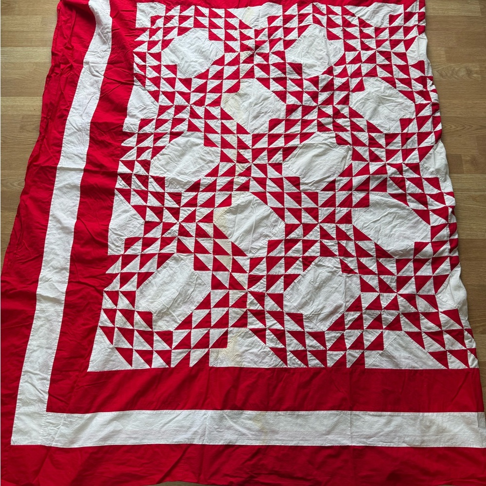 Antique 1930s Red And White Ocean Waves Quilt Top - Picture 8 of 14